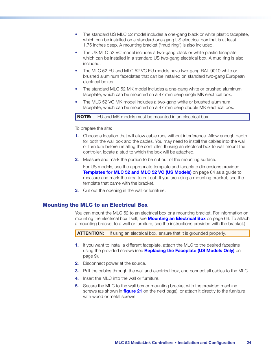 Mounting the mlc to an electrical box | Extron Electronics MLC 52 Series User Guide User Manual | Page 30 / 74