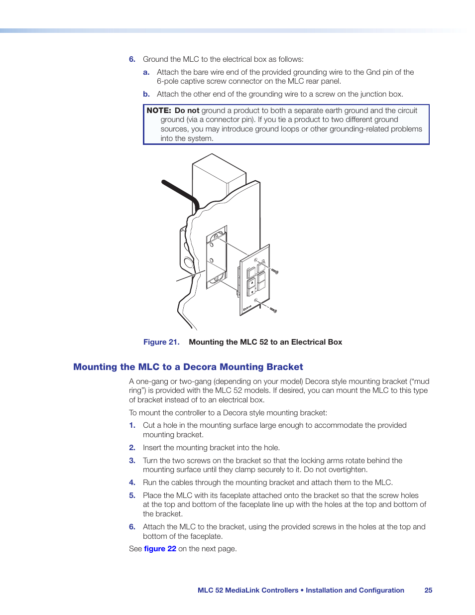 Mounting the mlc to a decora mounting bracket, Mounting the mlc to a decora mounting, Bracket | Ews (as shown in, Figure 21 | Extron Electronics MLC 52 Series User Guide User Manual | Page 31 / 74