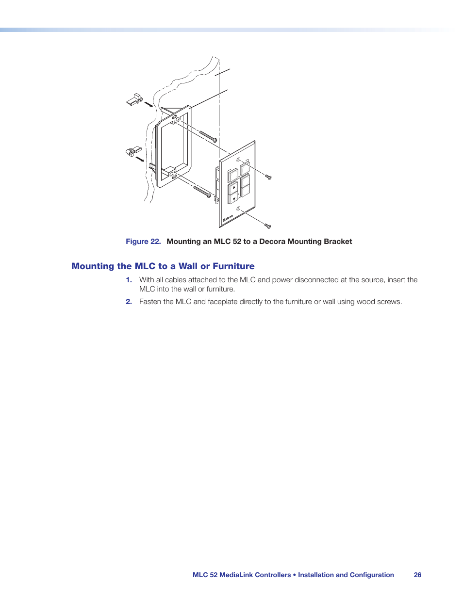 Mounting the mlc to a wall or furniture, Figure_mounting us mlc to decora | Extron Electronics MLC 52 Series User Guide User Manual | Page 32 / 74