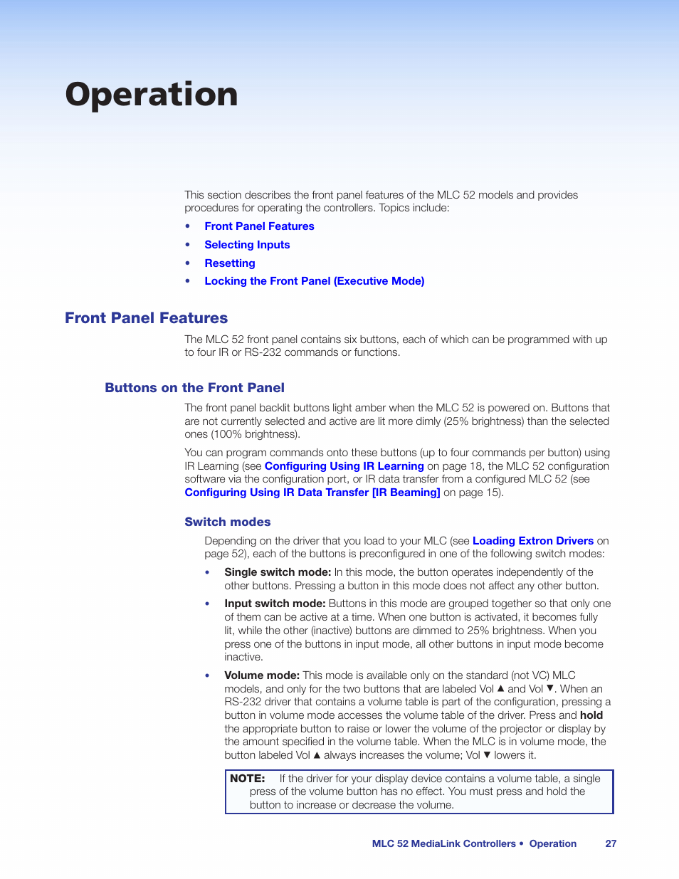 Operation, Front panel features, Buttons on the front panel | Extron Electronics MLC 52 Series User Guide User Manual | Page 33 / 74