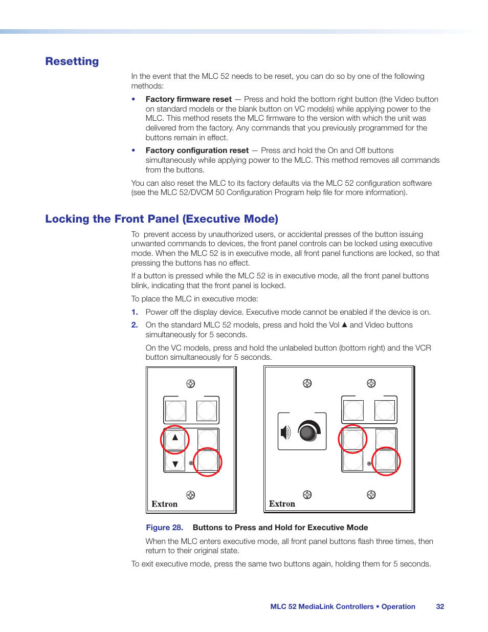 Resetting, Locking the front panel (executive mode), Resetting locking the front panel (executive mode) | Extron Electronics MLC 52 Series User Guide User Manual | Page 38 / 74