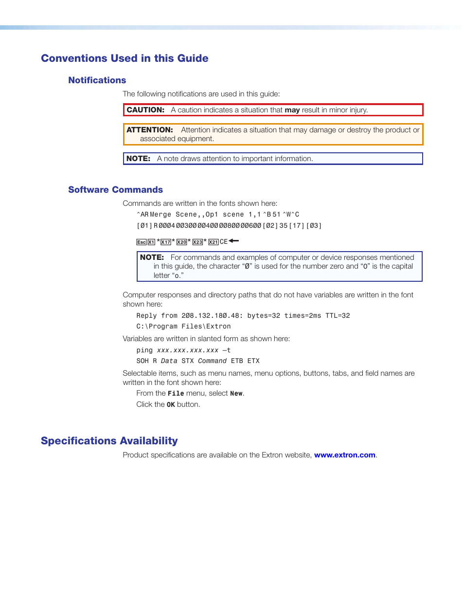Conventions used in this guide, Specifications availability | Extron Electronics MLC 52 Series User Guide User Manual | Page 4 / 74
