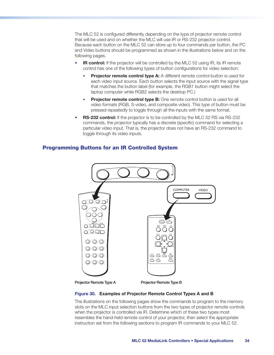 Programming buttons for an ir controlled system, Programming buttons for an ir controlled, System | Projector remote type a projector remote type b, Video s-video rgb1 rgb2 inputs, Video computer | Extron Electronics MLC 52 Series User Guide User Manual | Page 40 / 74