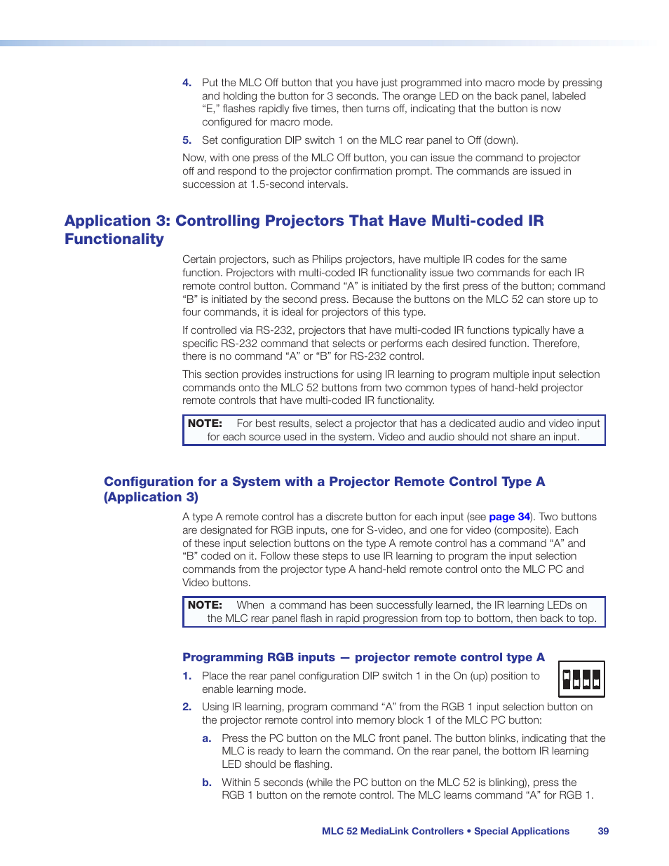 Application 3: controlling projectors that, Have multi-coded ir functionality, Configuration for a system with a | Projector remote control type a (application 3) | Extron Electronics MLC 52 Series User Guide User Manual | Page 45 / 74
