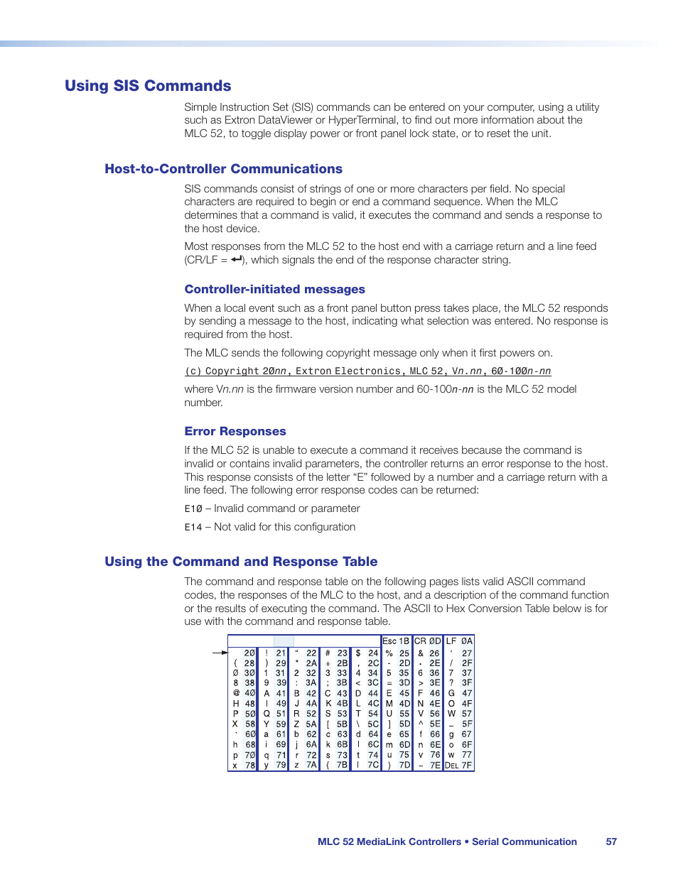 Using sis commands, Host-to-controller communications, Using the command and response table | Extron Electronics MLC 52 Series User Guide User Manual | Page 63 / 74
