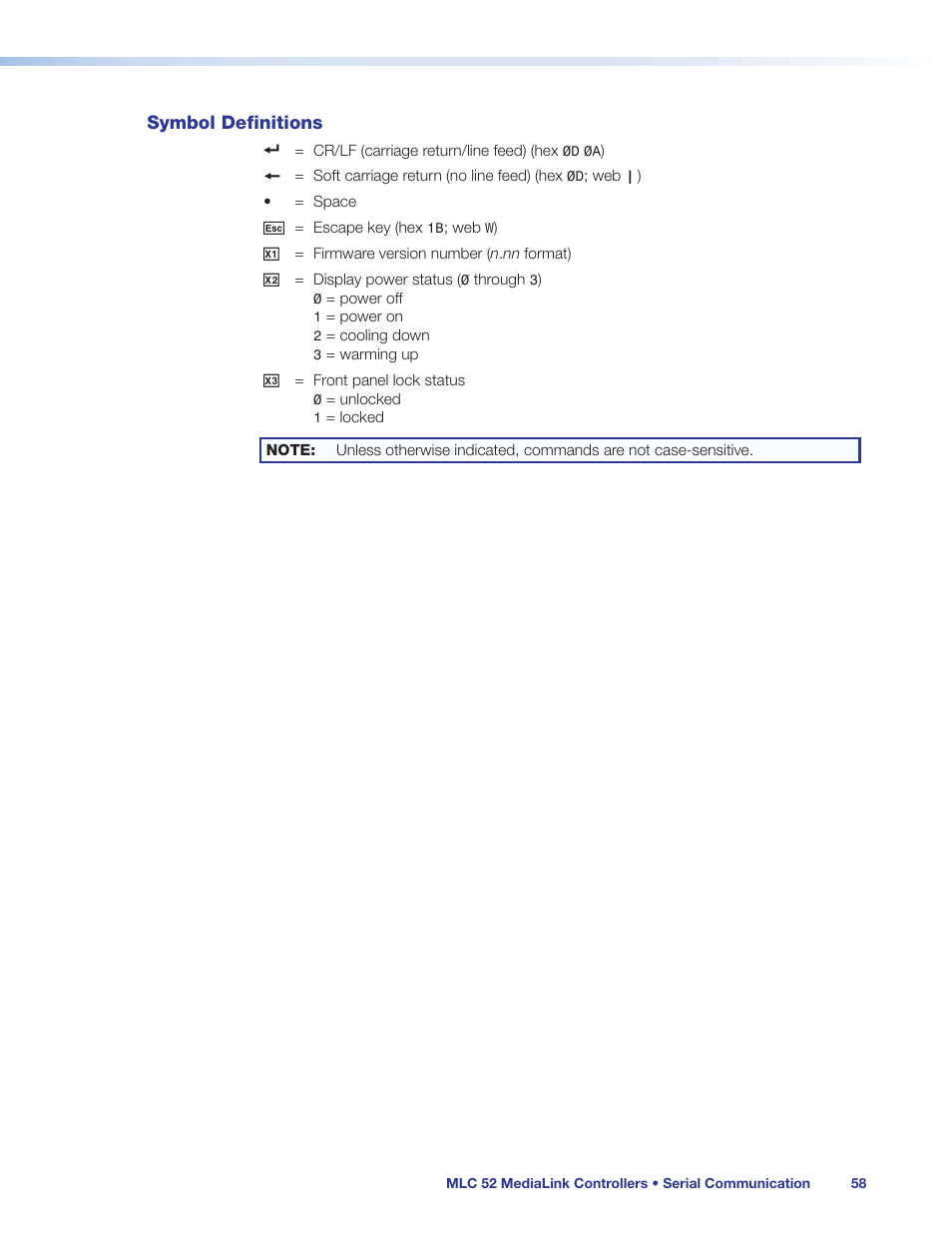 Symbol definitions | Extron Electronics MLC 52 Series User Guide User Manual | Page 64 / 74