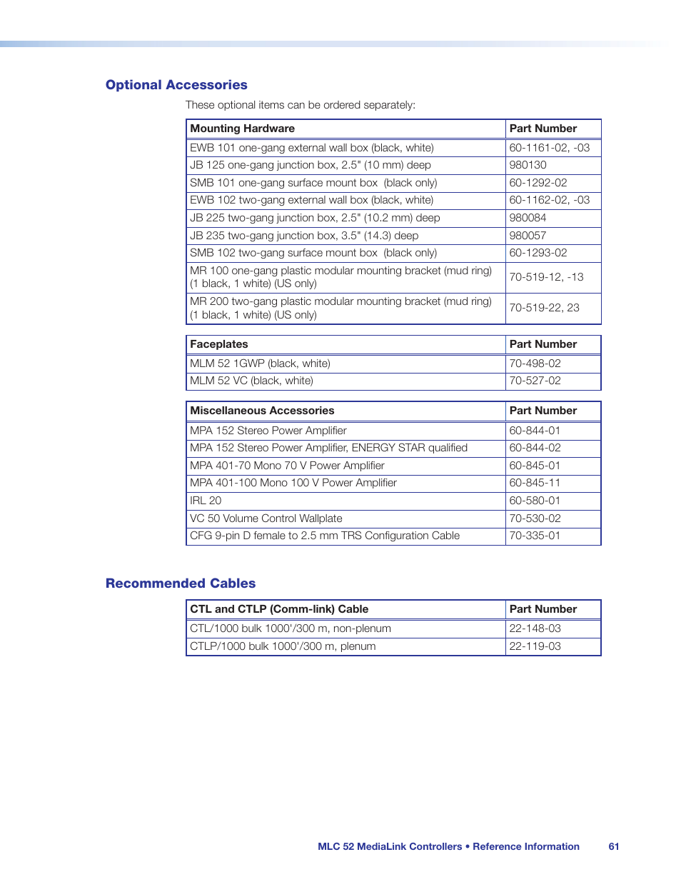 Optional accessories, Recommended cables, Optional accessories recommended cables | Ed (see | Extron Electronics MLC 52 Series User Guide User Manual | Page 67 / 74