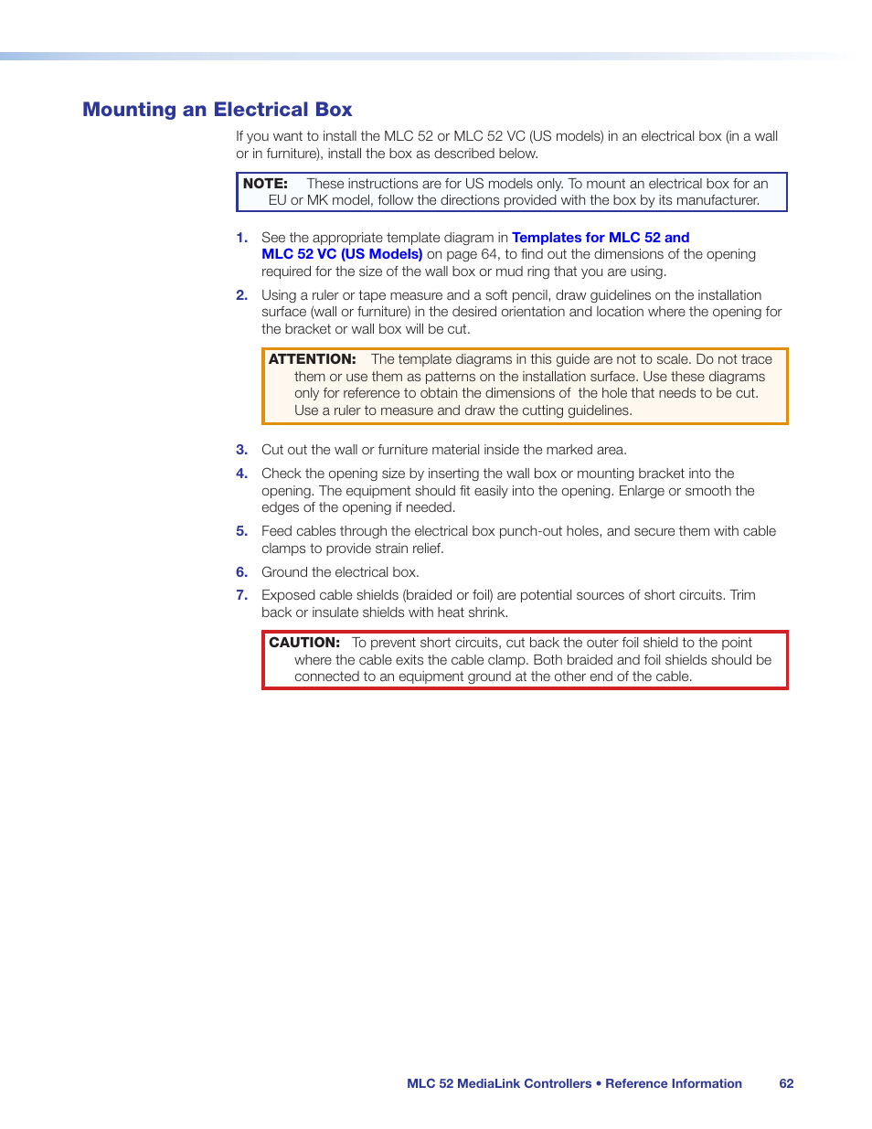 Mounting an electrical box | Extron Electronics MLC 52 Series User Guide User Manual | Page 68 / 74