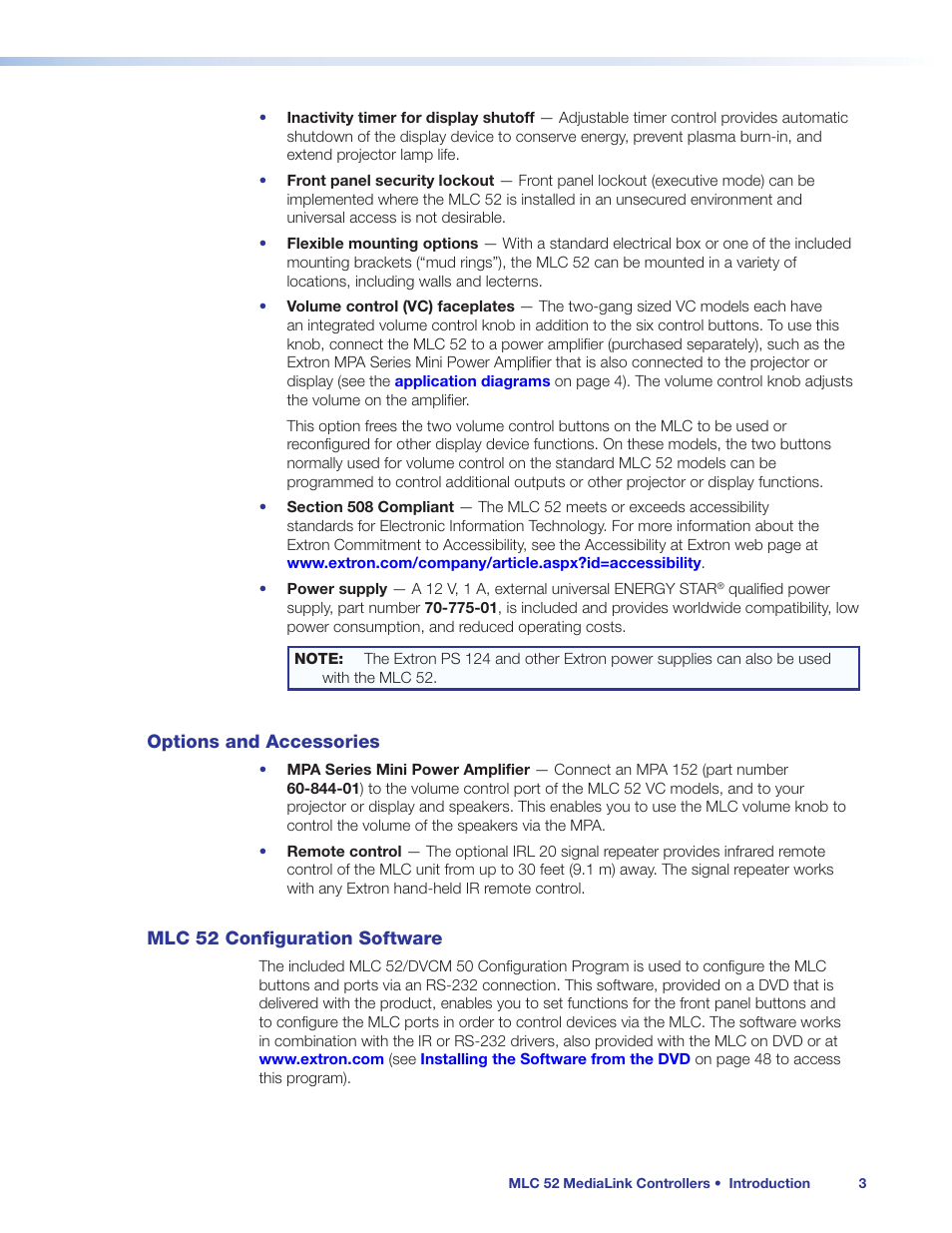 Options and accessories, Mlc 52 configuration software | Extron Electronics MLC 52 Series User Guide User Manual | Page 9 / 74