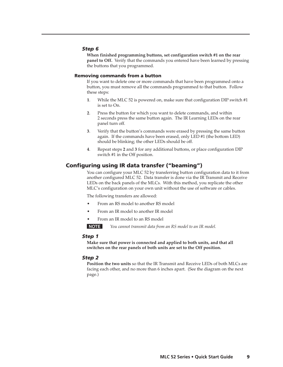 Removing commands from a button, Configuring using ir data transfer (“beaming”) | Extron Electronics MLC 52 Series Quick Start Guide User Manual | Page 11 / 16