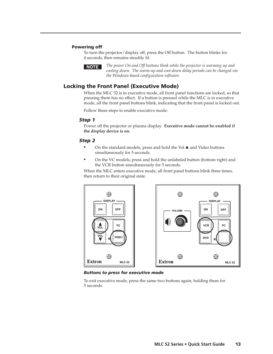 Powering off, Locking the front panel (executive mode), Step 1 | Step 2 | Extron Electronics MLC 52 Series Quick Start Guide User Manual | Page 15 / 16