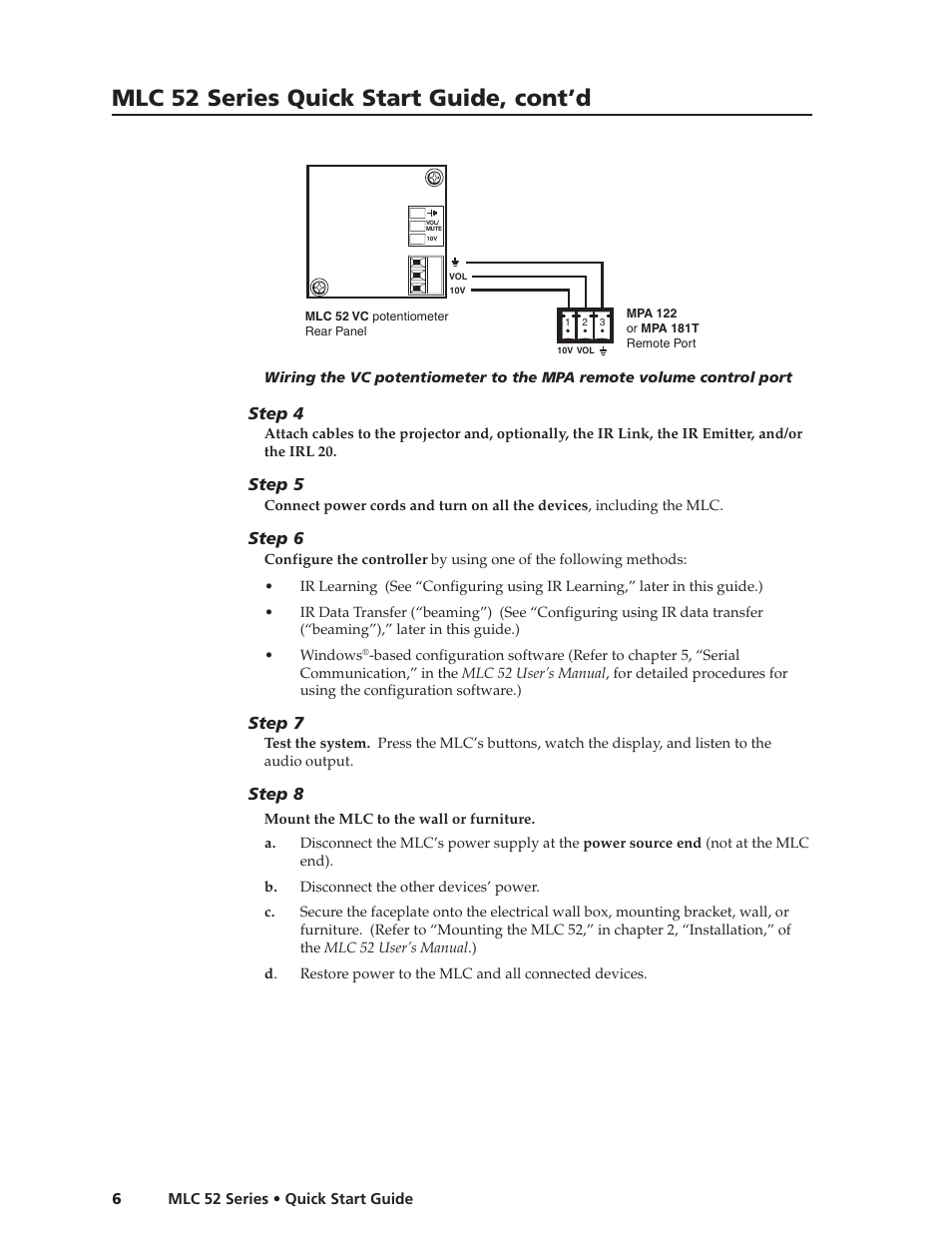 Mlc 52 series quick start guide, cont’d, Step 4, Step 5 | Step 6, Step 7, Step 8 | Extron Electronics MLC 52 Series Quick Start Guide User Manual | Page 8 / 16