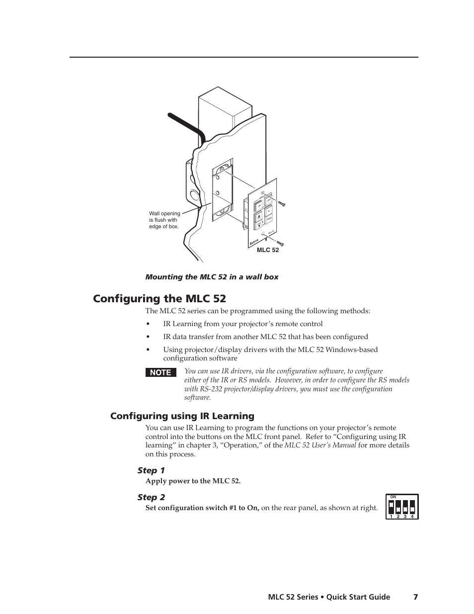 Configuring the mlc 52, Configuring using ir learning, Step 1 | Step 2, 7mlc 52 series • quick start guide, Mounting the mlc 52 in a wall box, Apply power to the mlc 52 | Extron Electronics MLC 52 Series Quick Start Guide User Manual | Page 9 / 16