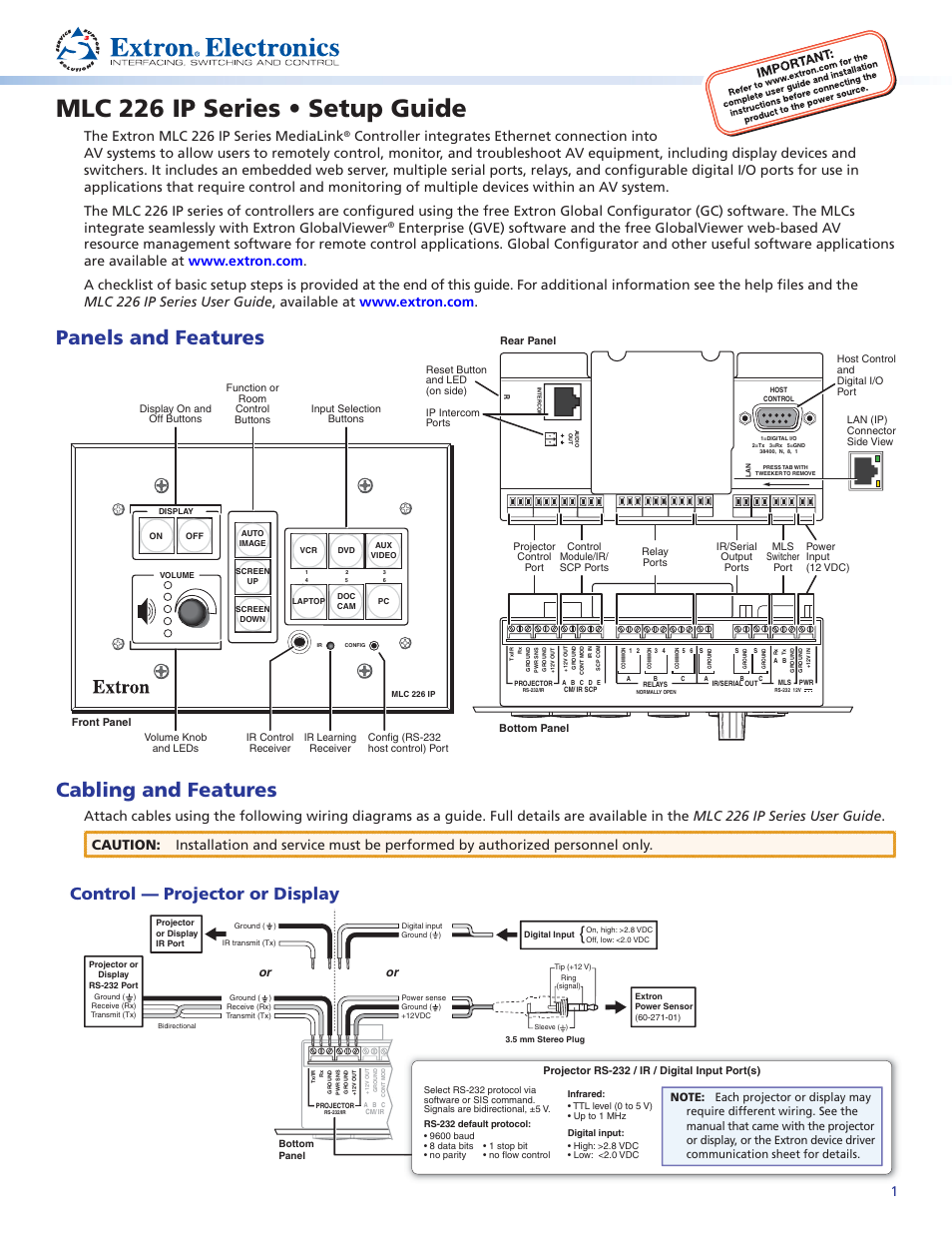 Extron Electronics MLC 226 IP Series Setup Guide User Manual | 6 pages