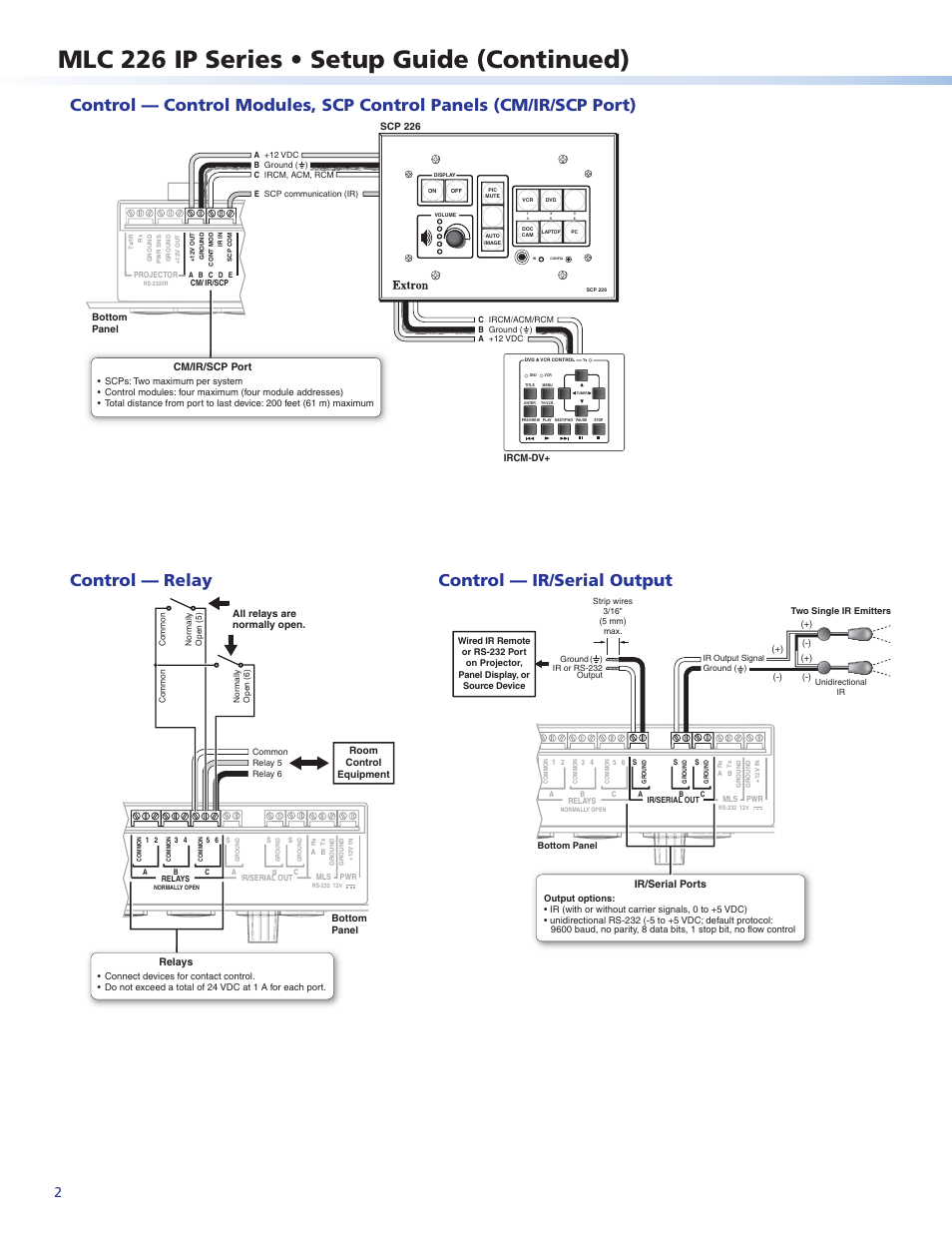 Control — relay, Control — ir/serial output, Mlc 226 ip series • setup guide (continued) | Extron Electronics MLC 226 IP Series Setup Guide User Manual | Page 2 / 6