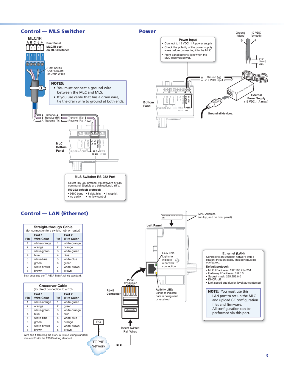 Control — mls switcher, Power, Control — lan (ethernet) | Control — mls switcher 3, Mlc/ir | Extron Electronics MLC 226 IP Series Setup Guide User Manual | Page 3 / 6