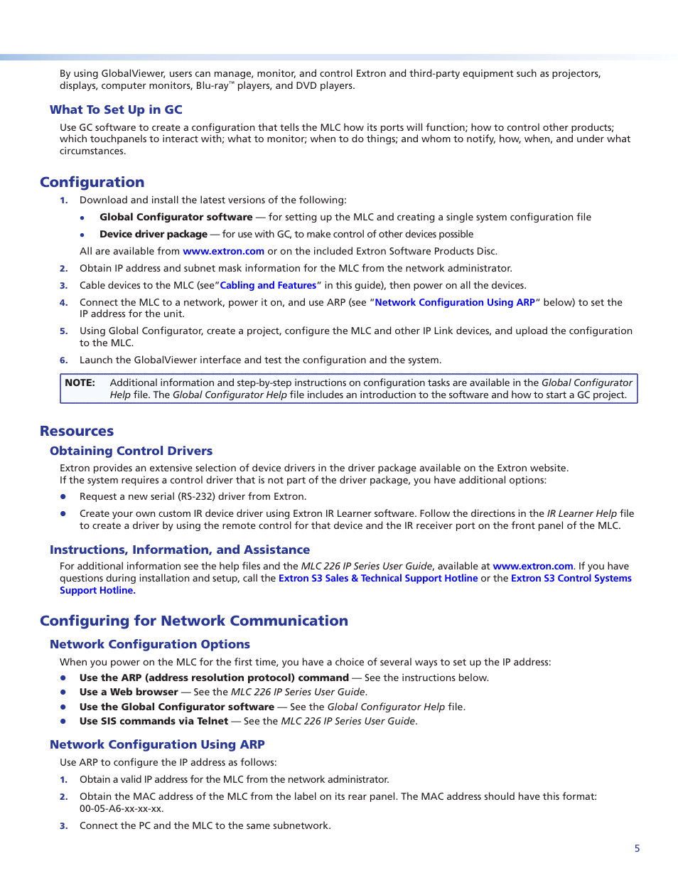 What to set up in gc, Configuration, Resources | Obtaining control drivers, Instructions, information, and assistance, Configuring for network communication, Network configuration options, Network configuration using arp | Extron Electronics MLC 226 IP Series Setup Guide User Manual | Page 5 / 6