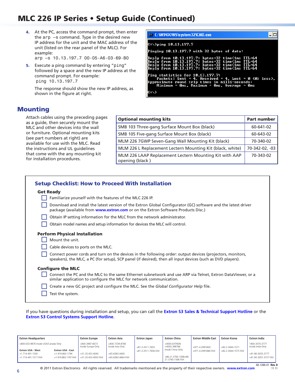 Mounting, Setup checklist: how to proceed with installation, Mlc 226 ip series • setup guide (continued) | Extron Electronics MLC 226 IP Series Setup Guide User Manual | Page 6 / 6