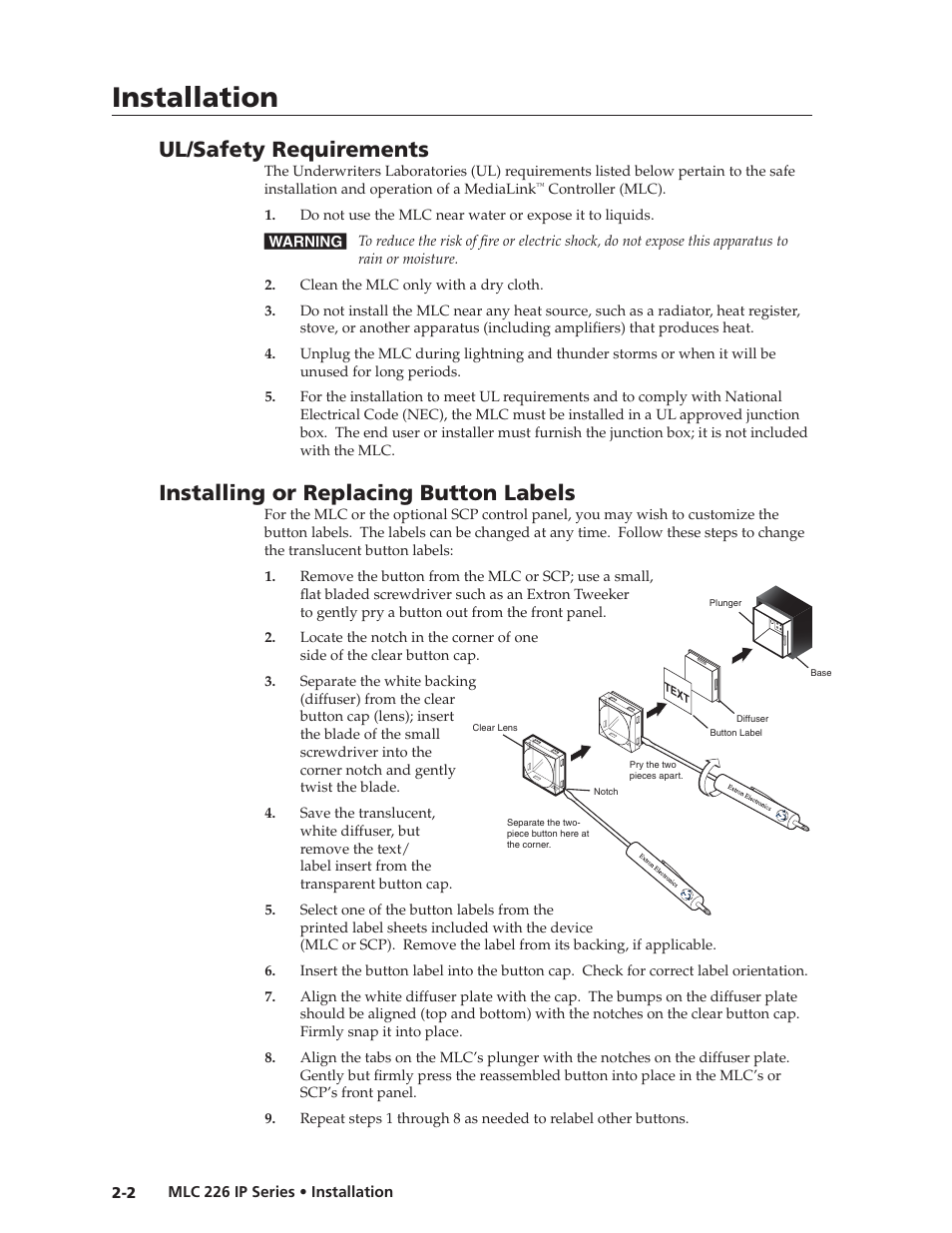 Ul/safety requirements, Installing or replacing button labels, Preliminar y | Installation | Extron Electronics MLC 226 IP Series Installation User Manual | Page 12 / 164