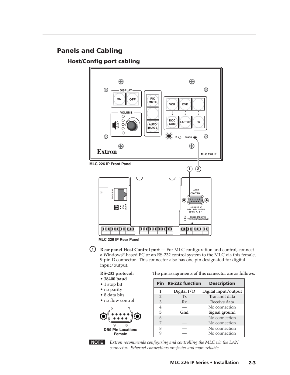 Panels and cabling, Host/config port cabling, Preliminar y | Host/confi g port cabling | Extron Electronics MLC 226 IP Series Installation User Manual | Page 13 / 164