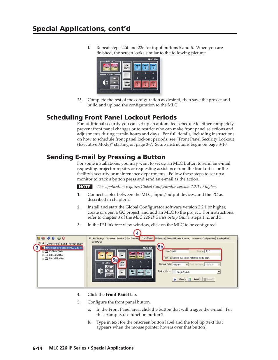 Scheduling front panel lockout periods, Sending e-mail by pressing a button, Preliminar y | Special applications, cont’d | Extron Electronics MLC 226 IP Series Installation User Manual | Page 132 / 164
