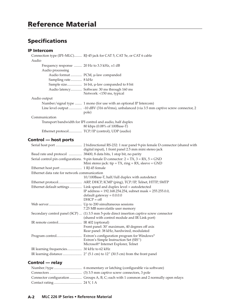 Specifications, Preliminar y, Reference material | Specifi cations | Extron Electronics MLC 226 IP Series Installation User Manual | Page 138 / 164