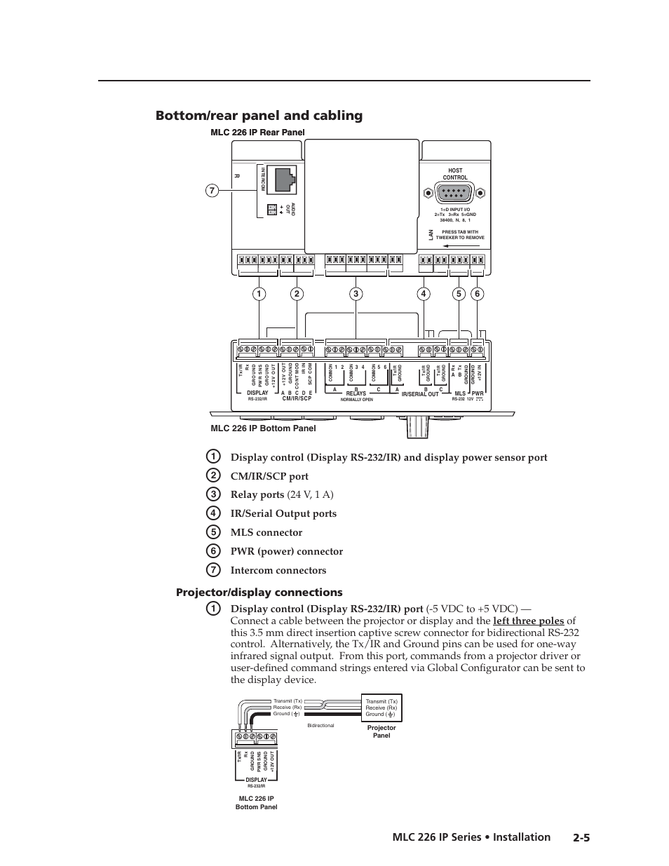 Bottom/rear panel and cabling, Projector/display connections, Preliminar y | 5 mlc 226 ip series • installation, Cm/ir/scp port, Relay ports (24 v, 1 a), Ir/serial output ports, Mls connector, Pwr (power) connector, Intercom connectors | Extron Electronics MLC 226 IP Series Installation User Manual | Page 15 / 164