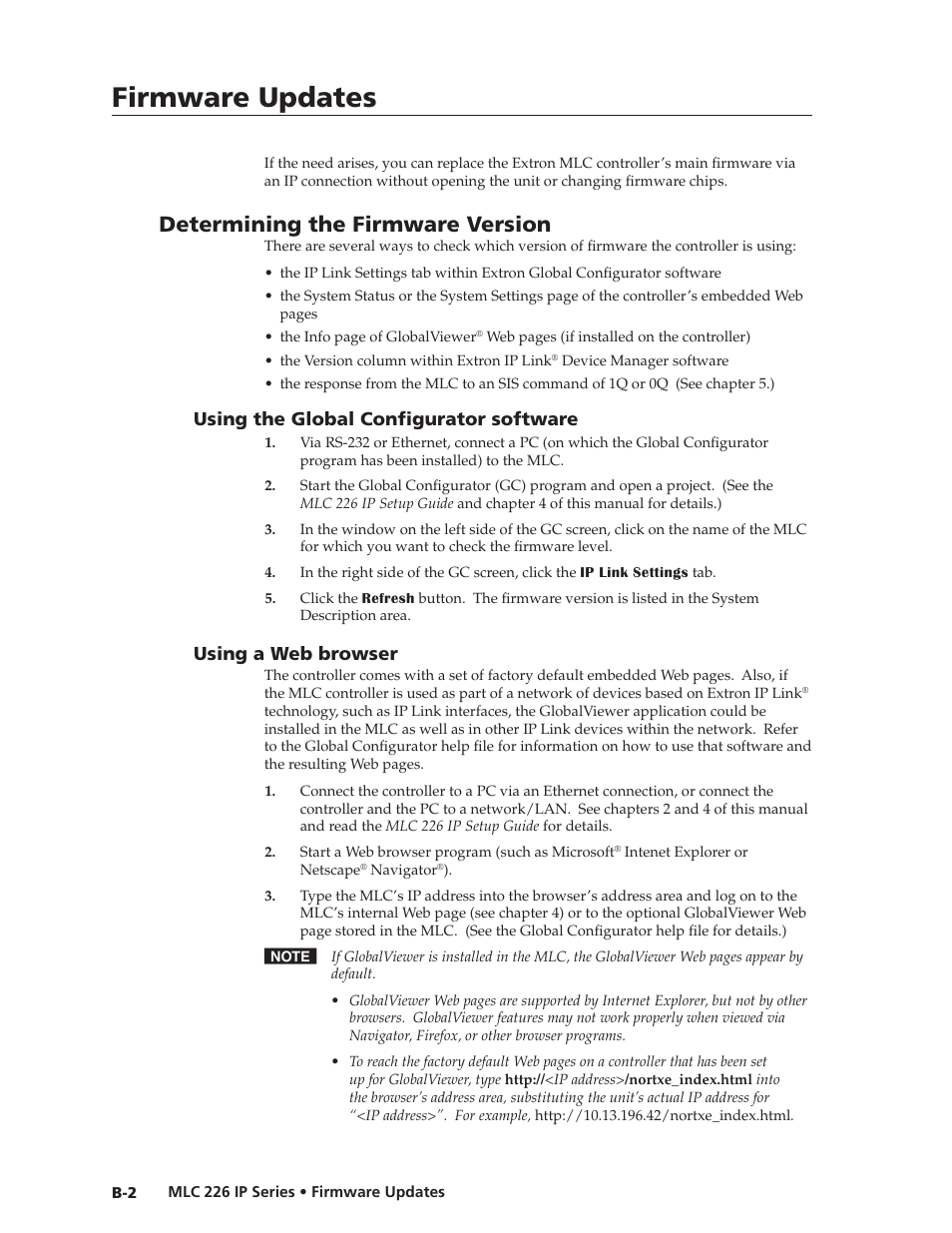 Determining the firmware version, Using the global configurator software, Using a web browser | Preliminar y, Firmware updates | Extron Electronics MLC 226 IP Series Installation User Manual | Page 150 / 164
