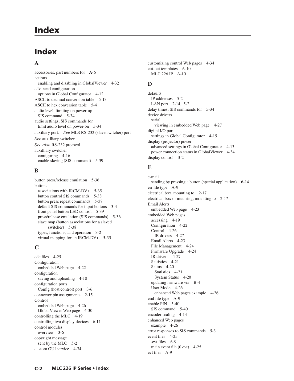 Preliminar y, Index | Extron Electronics MLC 226 IP Series Installation User Manual | Page 160 / 164