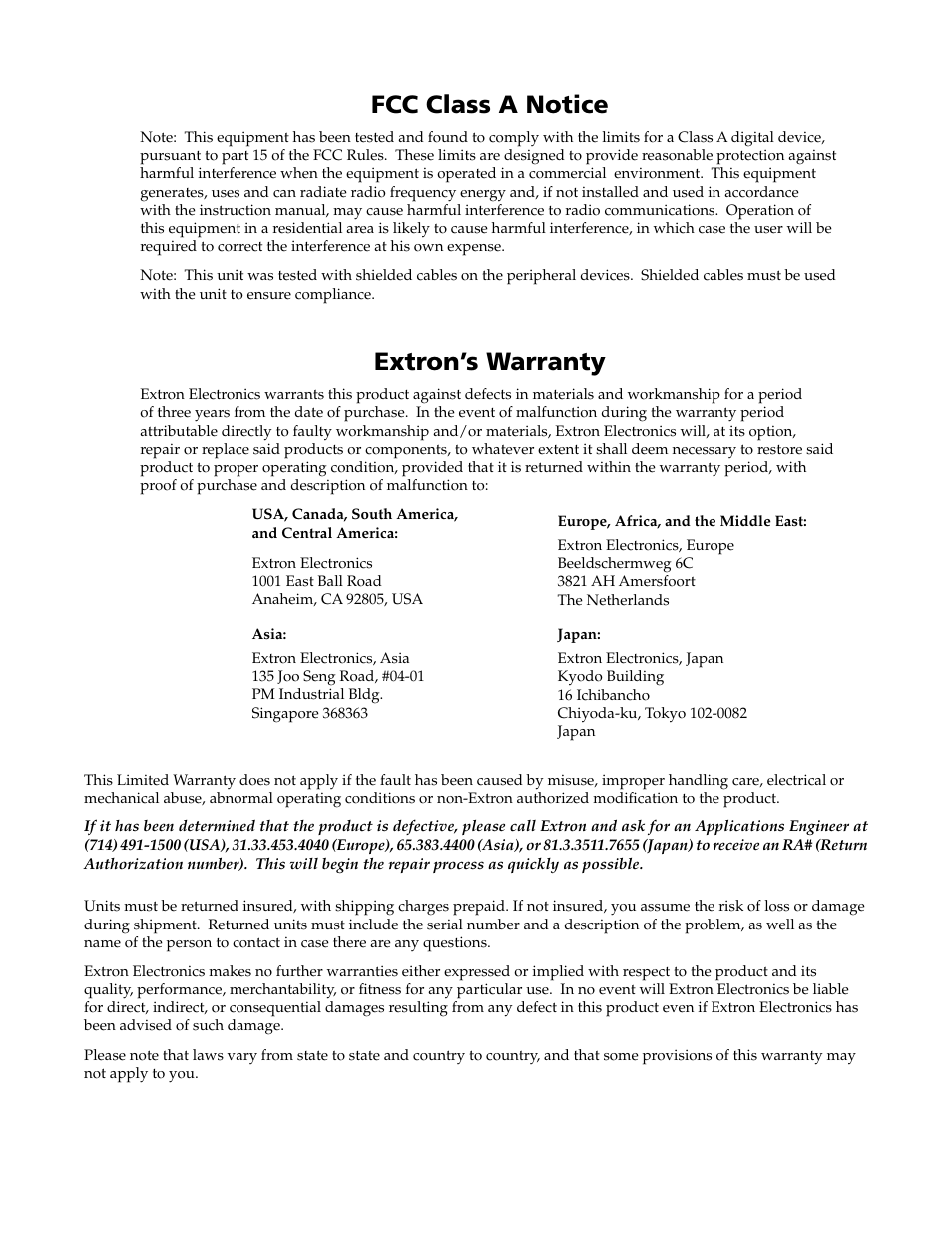 Fcc class a notice, Extron’s warranty | Extron Electronics MLC 226 IP Series Installation User Manual | Page 163 / 164