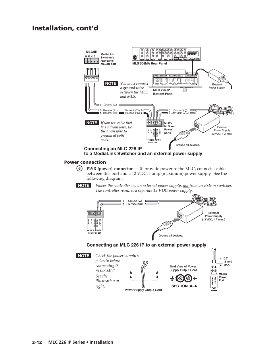 Power connection, Preliminar y, Installation, cont’d | Extron Electronics MLC 226 IP Series Installation User Manual | Page 22 / 164