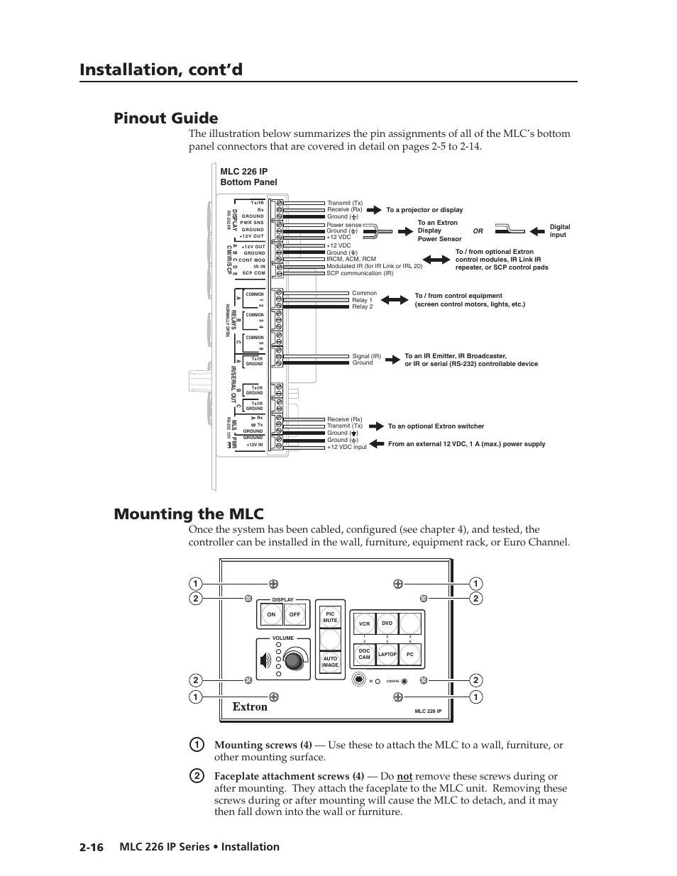Pinout guide, Mounting the mlc, Preliminar y | Installation, cont’d | Extron Electronics MLC 226 IP Series Installation User Manual | Page 26 / 164