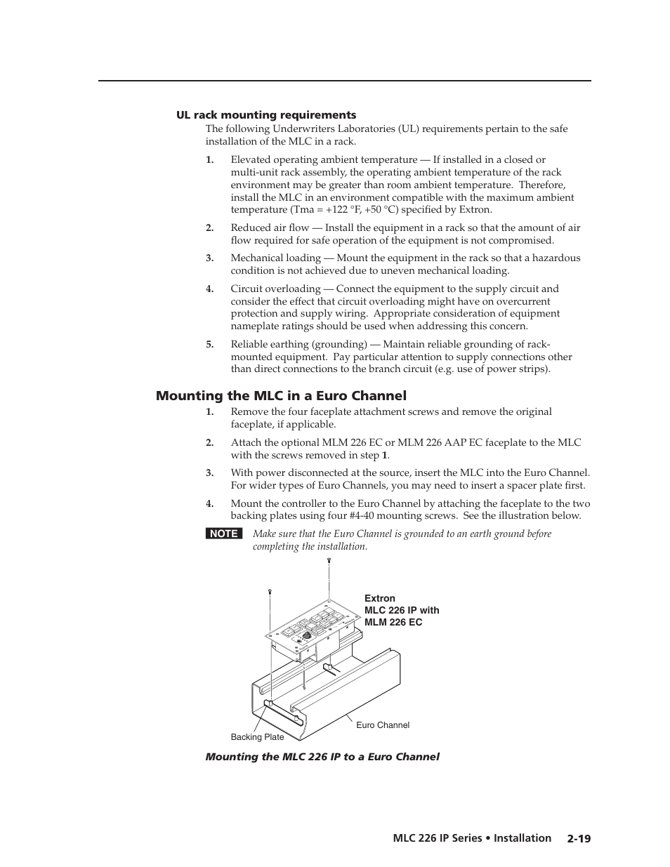 Ul rack mounting requirements, Mounting the mlc in a euro channel, Preliminar y | Co nf ig ir, Mounting the mlc 226 ip to a euro channel | Extron Electronics MLC 226 IP Series Installation User Manual | Page 29 / 164
