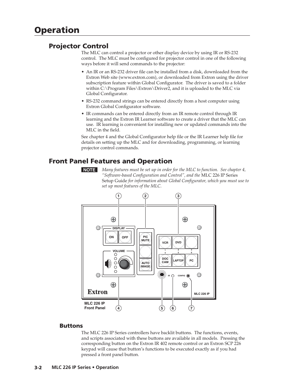 Projector control, Front panel features and operation, Buttons | Preliminar y, Operation | Extron Electronics MLC 226 IP Series Installation User Manual | Page 32 / 164