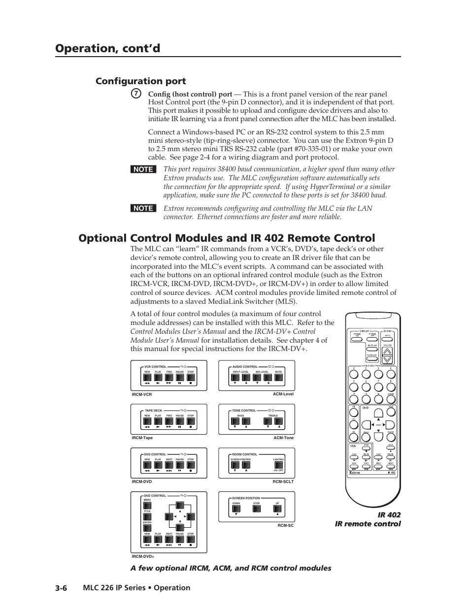 Configuration port, Optional control modules and ir 402 remote control, Preliminar y | Operation, cont’d, Confi guration port | Extron Electronics MLC 226 IP Series Installation User Manual | Page 36 / 164