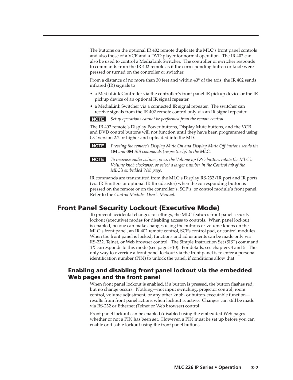 Front panel security lockout (executive mode), Preliminar y, Front panel security lockout ( executive mode) | Extron Electronics MLC 226 IP Series Installation User Manual | Page 37 / 164
