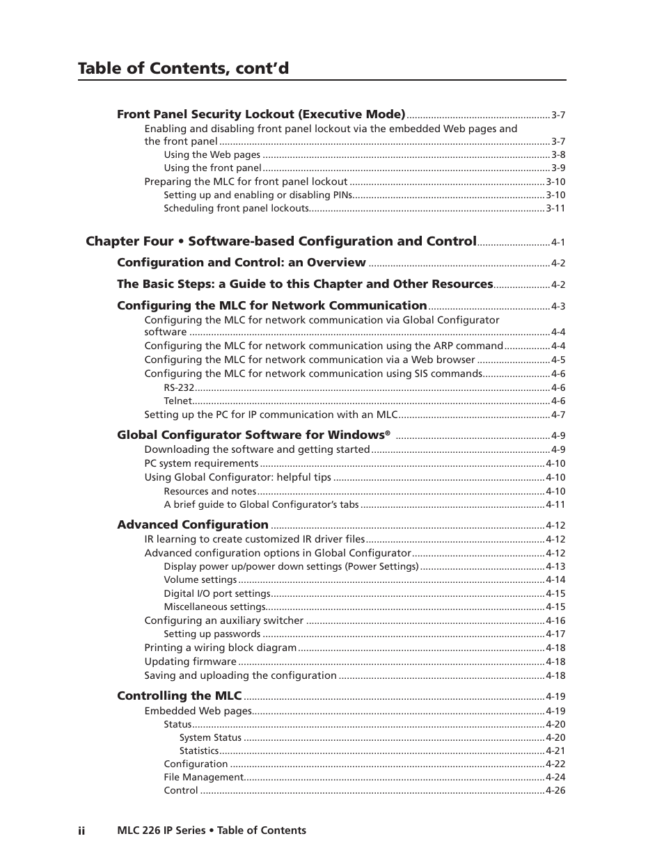 Preliminar y, Table of contents, cont’d | Extron Electronics MLC 226 IP Series Installation User Manual | Page 4 / 164
