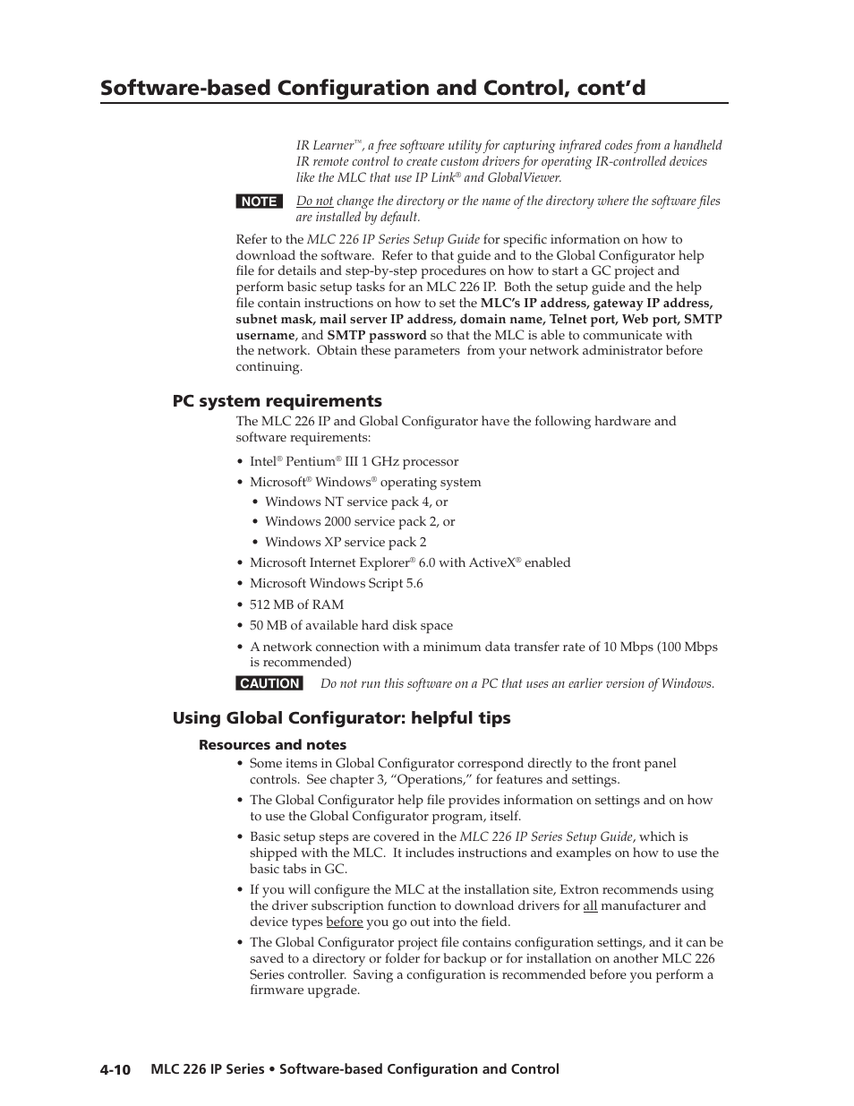 Pc system requirements, Using global configurator: helpful tips, Resources and notes | Preliminar y, Software-based confi guration and control, cont’d, Using global confi gurator: helpful tips | Extron Electronics MLC 226 IP Series Installation User Manual | Page 54 / 164