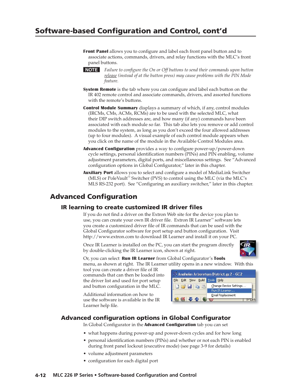 Advanced configuration, Ir learning to create customized ir driver fi les, Preliminar y | Software-based confi guration and control, cont’d, Advanced confi guration | Extron Electronics MLC 226 IP Series Installation User Manual | Page 56 / 164