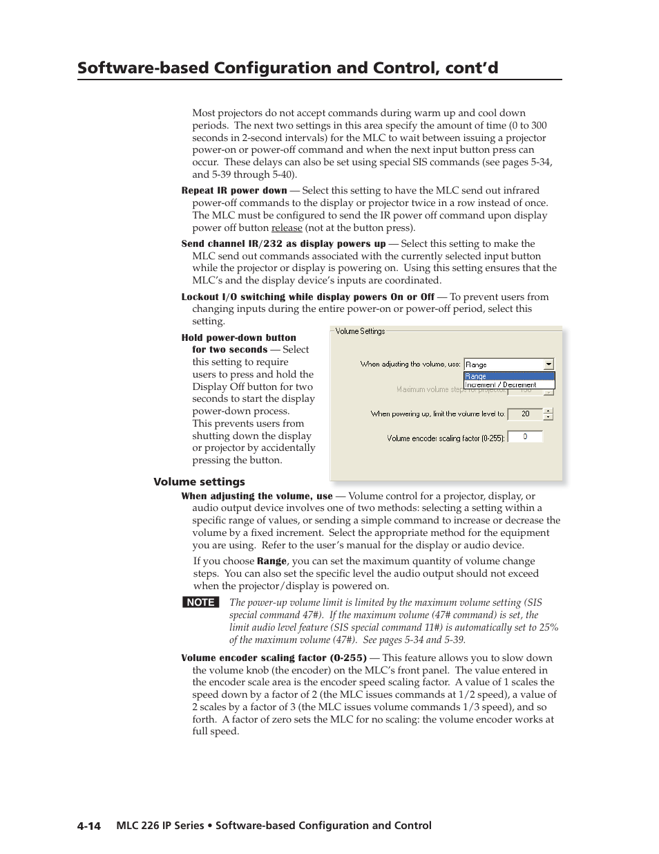 Volume settings, Preliminar y, Software-based confi guration and control, cont’d | Extron Electronics MLC 226 IP Series Installation User Manual | Page 58 / 164