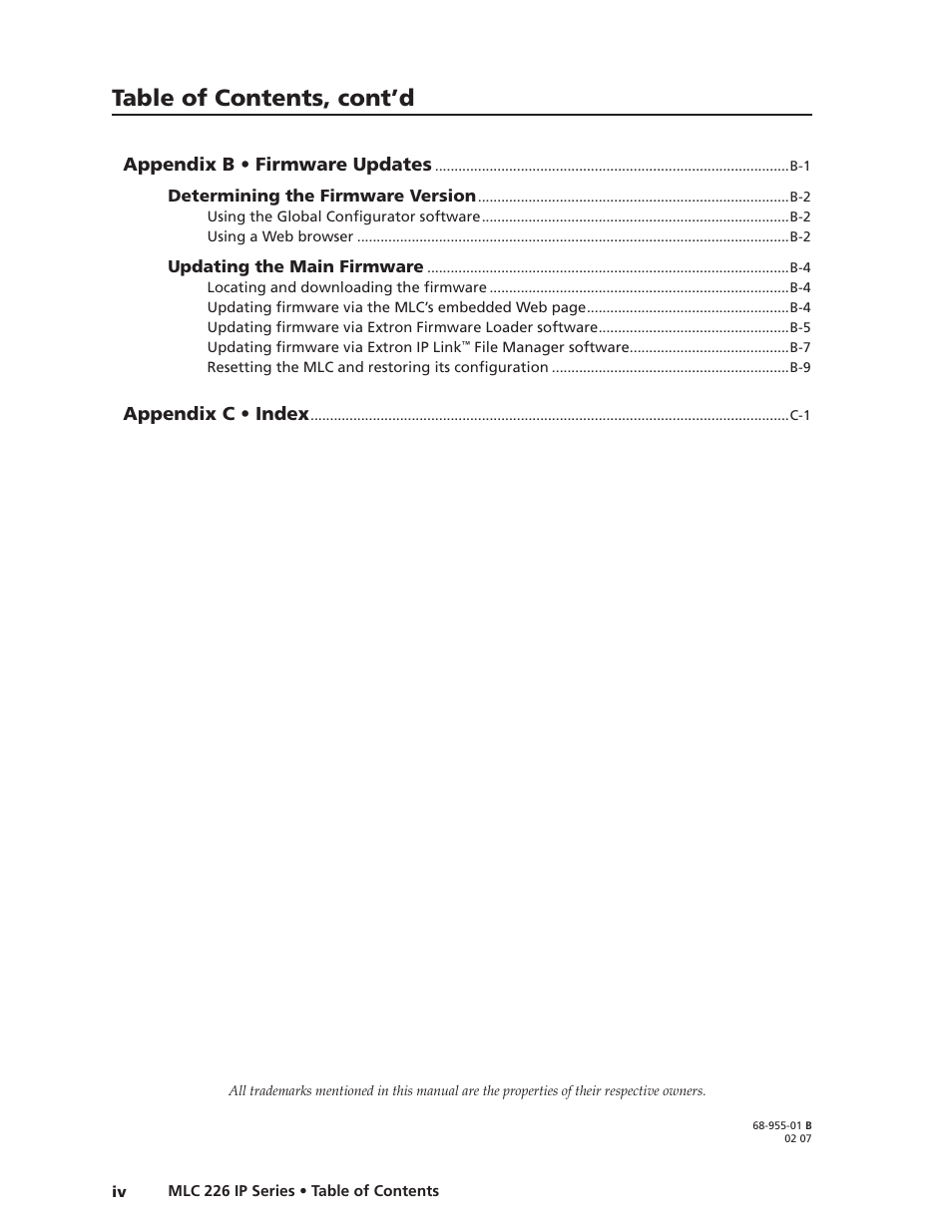 Preliminar y, Table of contents, cont’d | Extron Electronics MLC 226 IP Series Installation User Manual | Page 6 / 164