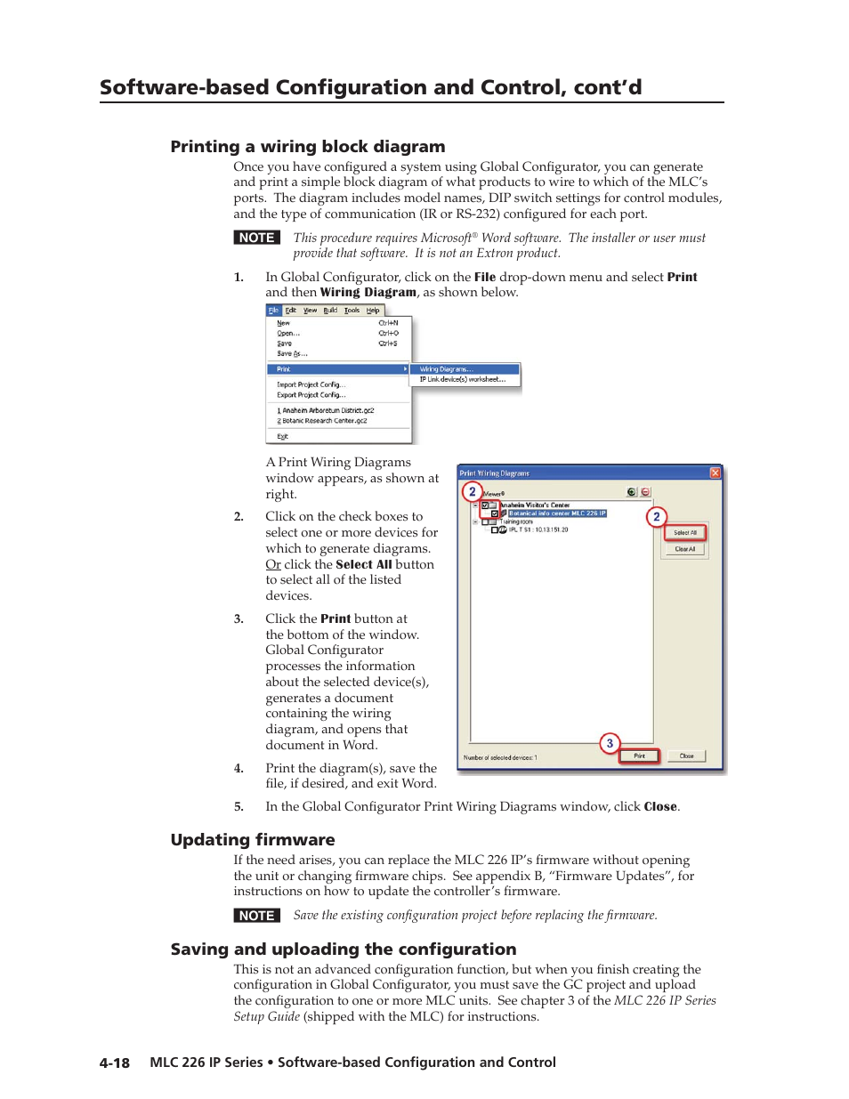 Printing a wiring block diagram, Updating fi rmware, Saving and uploading the configuration | Preliminar y, Software-based confi guration and control, cont’d | Extron Electronics MLC 226 IP Series Installation User Manual | Page 62 / 164