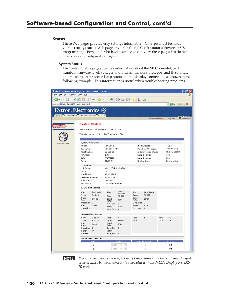 Status, System status, Preliminar y | Software-based confi guration and control, cont’d | Extron Electronics MLC 226 IP Series Installation User Manual | Page 64 / 164