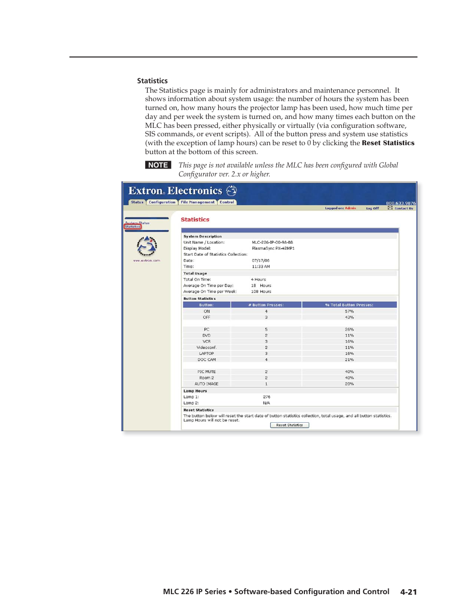 Statistics, Preliminar y | Extron Electronics MLC 226 IP Series Installation User Manual | Page 65 / 164