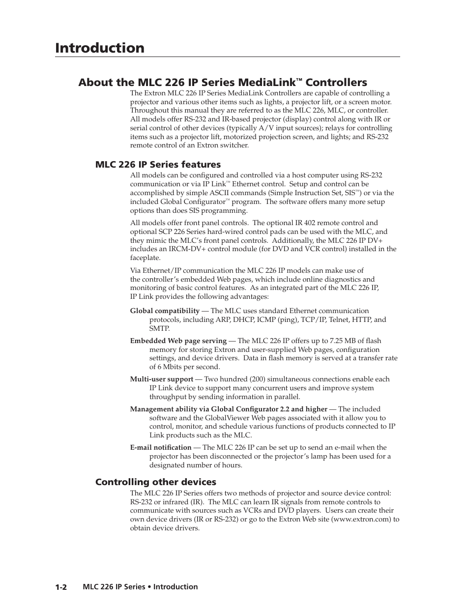 About the mlc 226 ip series medialink™ controllers, Mlc 226 ip series features, Controlling other devices | Preliminar y, Introduction, About the mlc 226 ip series medialink, Controllers | Extron Electronics MLC 226 IP Series Installation User Manual | Page 8 / 164