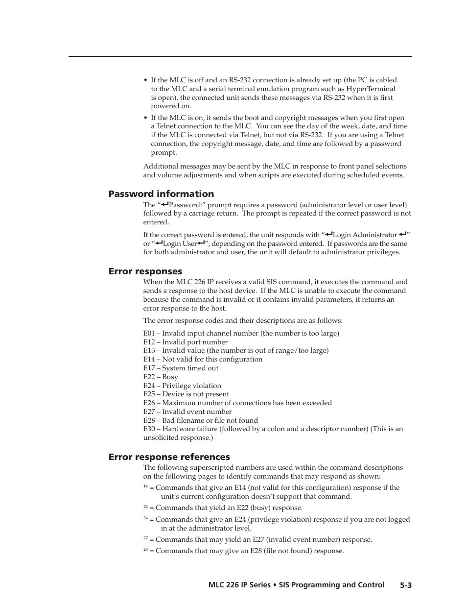 Password information, Error responses, Error response references | Preliminar y | Extron Electronics MLC 226 IP Series Installation User Manual | Page 81 / 164