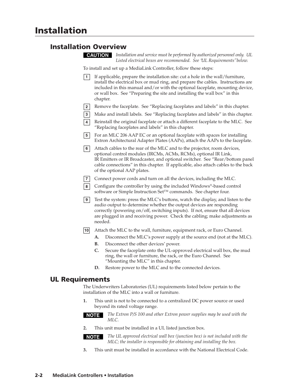 Installation overview, Ul requirements, Installation | Extron Electronics MLC 206 AAP EC User Guide User Manual | Page 10 / 72