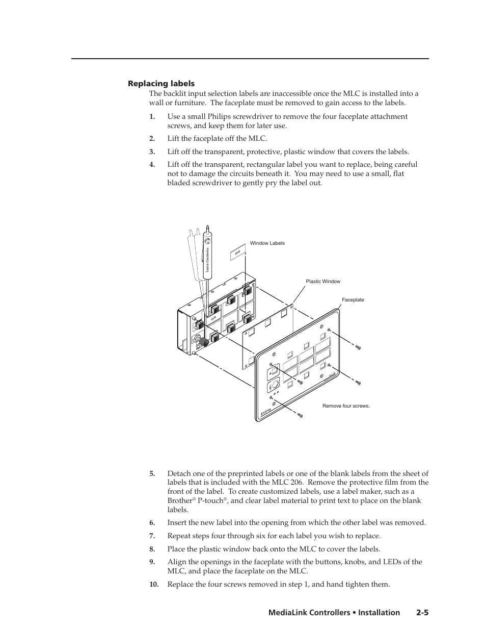 Replacing labels, Replacing labels -5, 5 medialink controllers • installation | P-touch | Extron Electronics MLC 206 AAP EC User Guide User Manual | Page 13 / 72