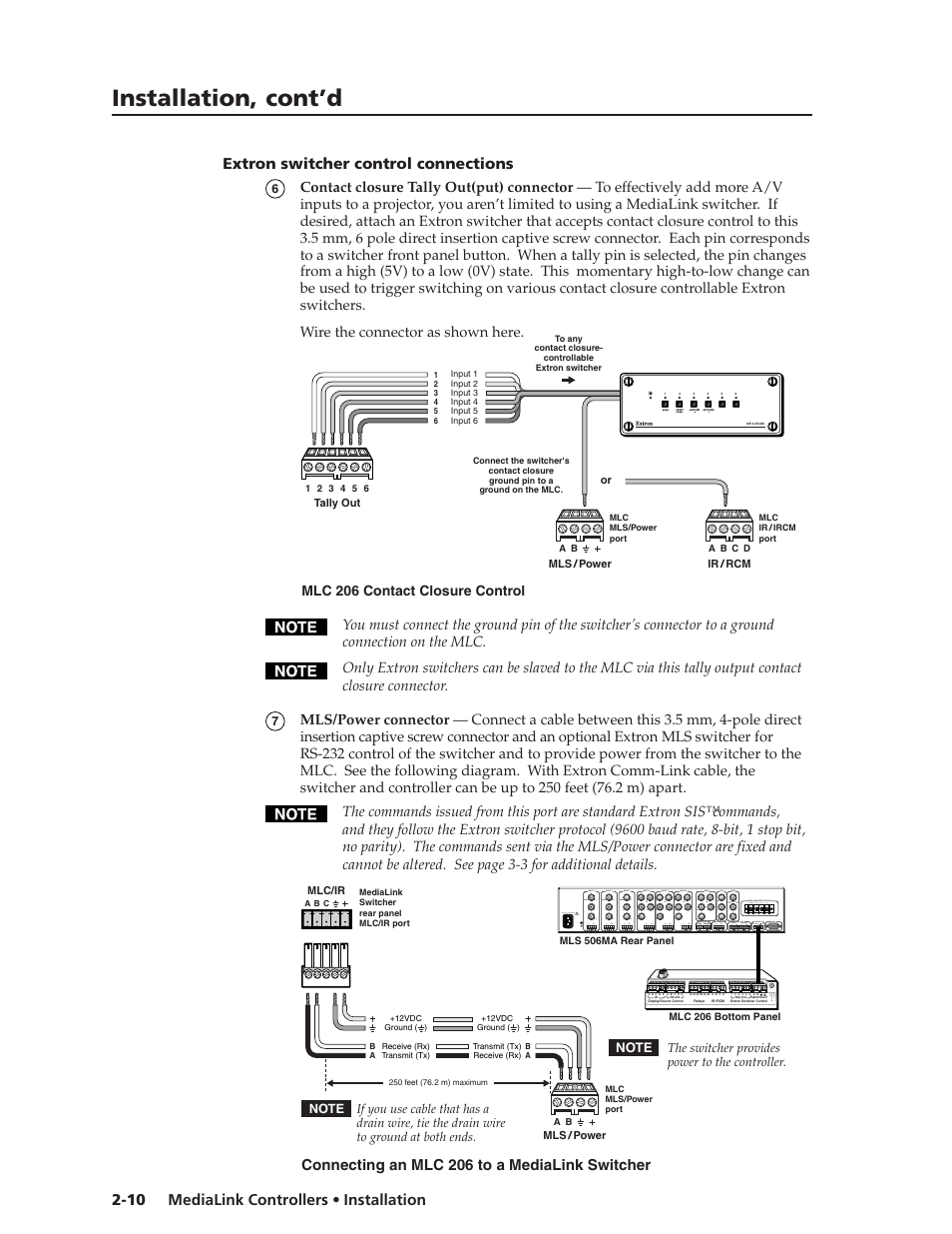 Extron switcher control connections, Extron switcher control connections -10, Installation, cont’d | Connecting an mlc 206 to a medialink switcher | Extron Electronics MLC 206 AAP EC User Guide User Manual | Page 18 / 72