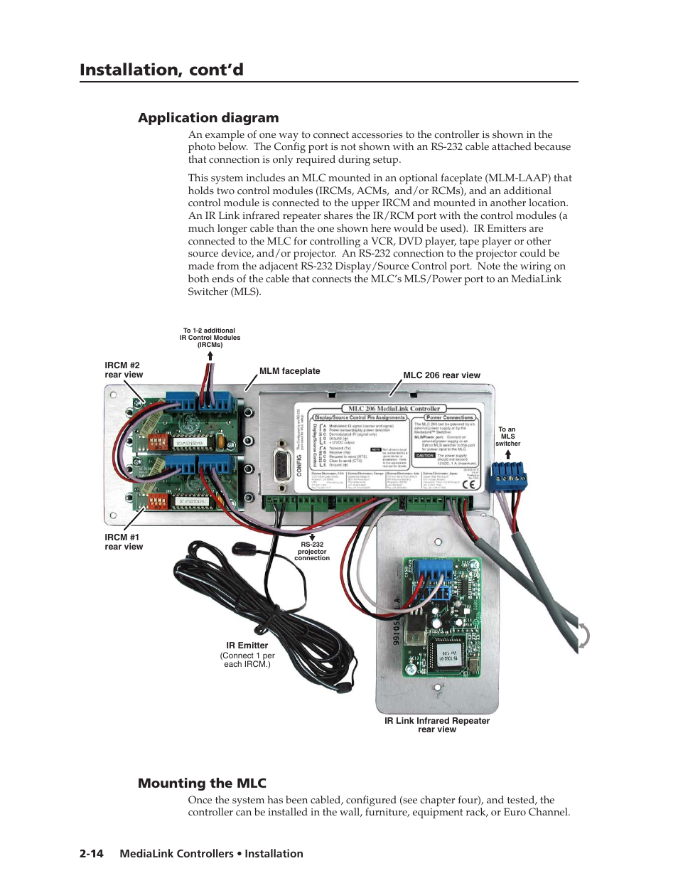 Application diagram, Mounting the mlc, Application diagram -14 mounting the mlc -14 | Installation, cont’d | Extron Electronics MLC 206 AAP EC User Guide User Manual | Page 22 / 72